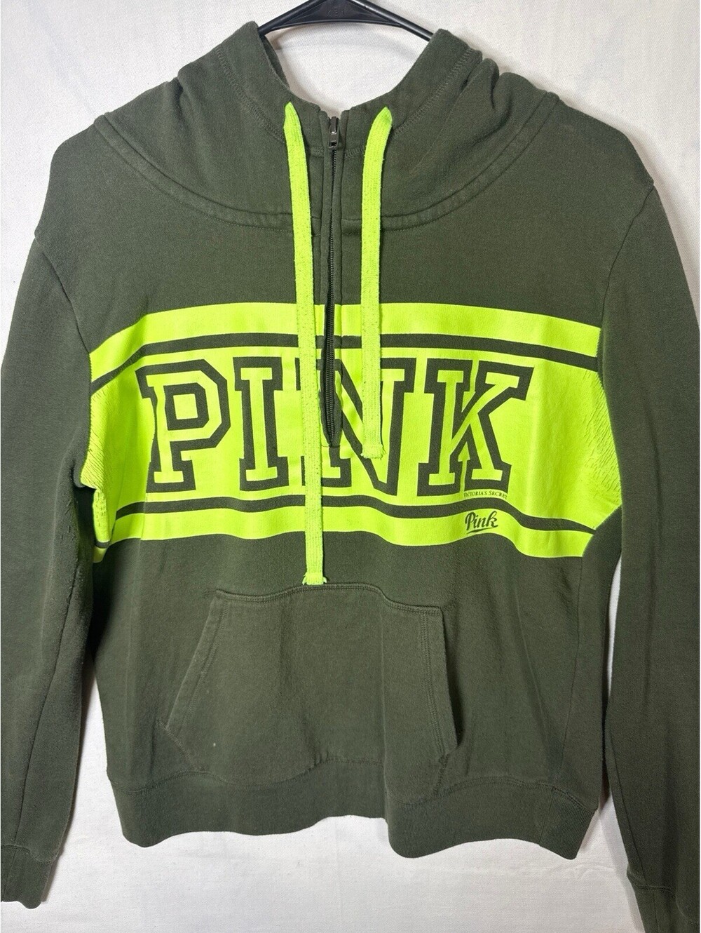VS PINK Victoria's Secret Olive Green Neon Yellow Half Zip Hoodie Sweatshirt